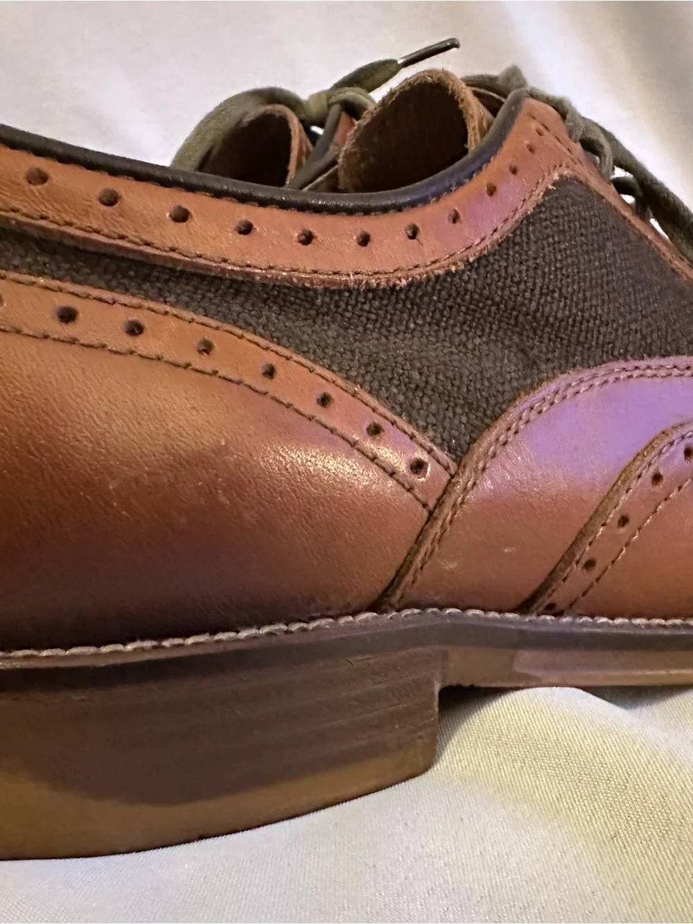 Johnston & Murphy Brown Leather Wingtip Oxfords with Olive Fabric Panels
